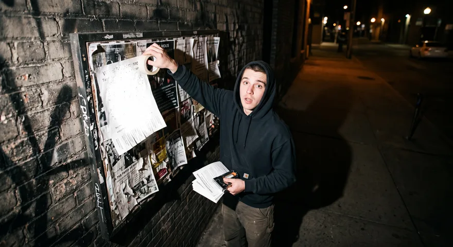 Young man putting up flyers in the city